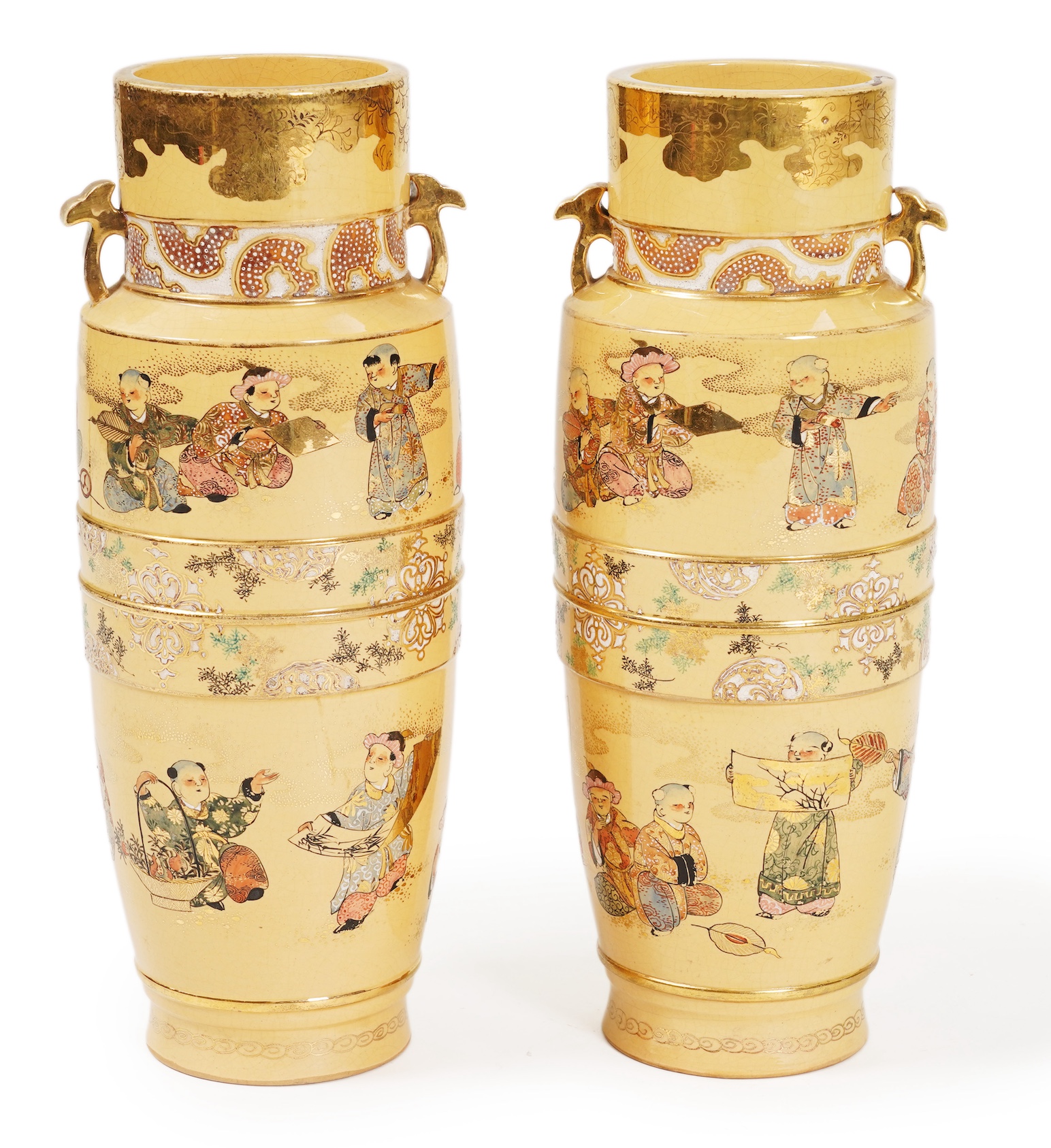 A rare pair of Japanese Satsuma lustre glazed vases, signed Fukumara, Meiji period